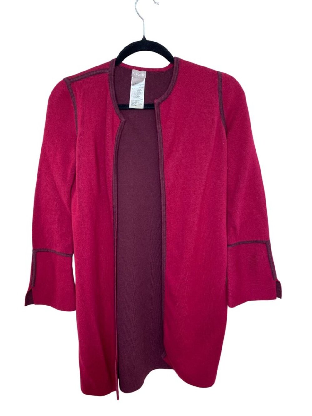 Chicos Womens Reversible Cardigan S Ruby Red Cotton Knit Open Front Jacket
